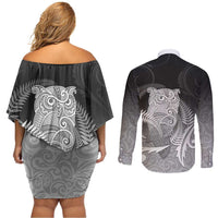 New Zealand Aotearoa Ruru Couples Matching Off Shoulder Short Dress and Long Sleeve Button Shirt Maori Fern Art Black