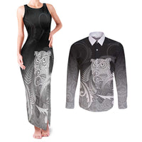 New Zealand Aotearoa Ruru Couples Matching Tank Maxi Dress and Long Sleeve Button Shirt Maori Fern Art Black LT05 Black - Polynesian Pride