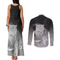New Zealand Aotearoa Ruru Couples Matching Tank Maxi Dress and Long Sleeve Button Shirt Maori Fern Art Black LT05 - Polynesian Pride