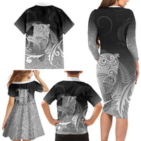 New Zealand Aotearoa Ruru Family Matching Long Sleeve Bodycon Dress and Hawaiian Shirt Maori Fern Art Black LT05 - Polynesian Pride