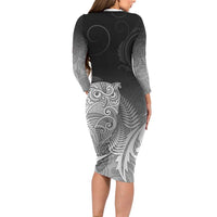 New Zealand Aotearoa Ruru Family Matching Long Sleeve Bodycon Dress and Hawaiian Shirt Maori Fern Art Black LT05 - Polynesian Pride