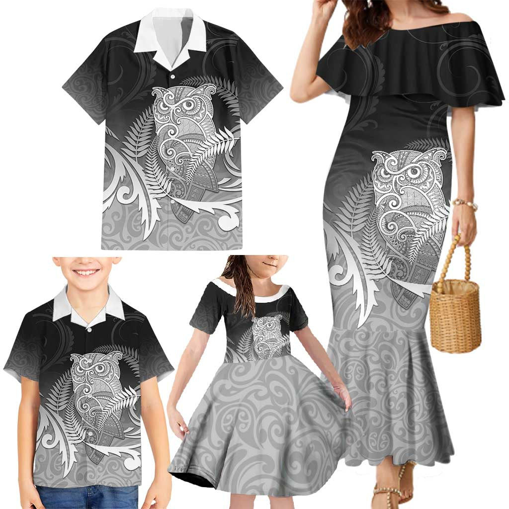 New Zealand Aotearoa Ruru Family Matching Mermaid Dress and Hawaiian Shirt Maori Fern Art Black LT05 - Polynesian Pride