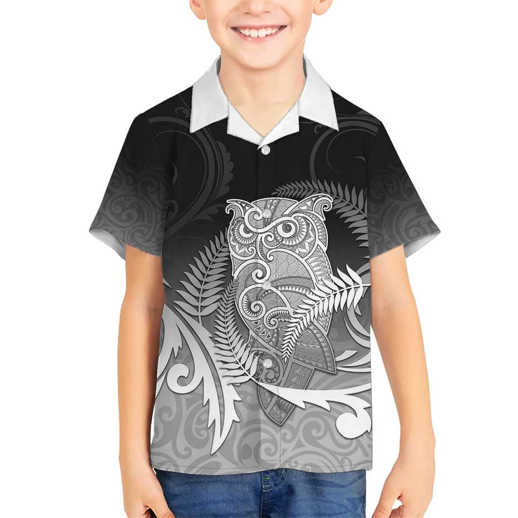 New Zealand Aotearoa Ruru Family Matching Off Shoulder Maxi Dress and Hawaiian Shirt Maori Fern Art Black LT05 Son's Shirt Black - Polynesian Pride