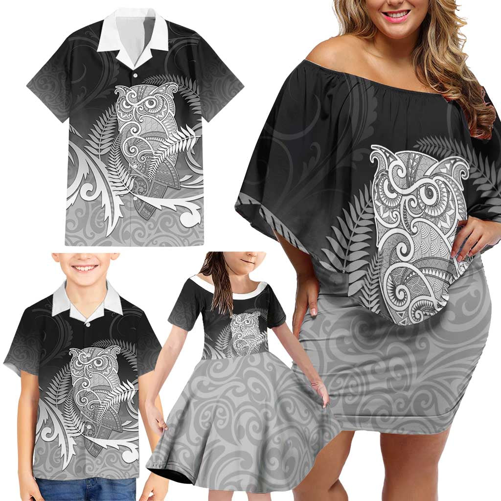 New Zealand Aotearoa Ruru Family Matching Off Shoulder Short Dress and Hawaiian Shirt Maori Fern Art Black LT05 - Polynesian Pride