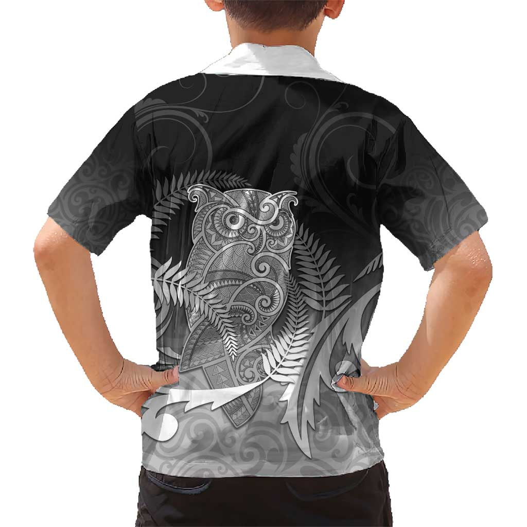 New Zealand Aotearoa Ruru Family Matching Short Sleeve Bodycon Dress and Hawaiian Shirt Maori Fern Art Black LT05 - Polynesian Pride