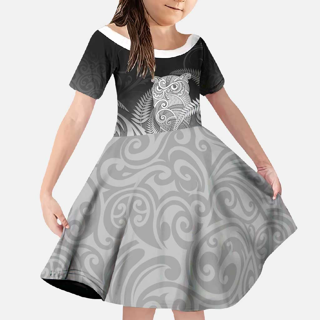 New Zealand Aotearoa Ruru Family Matching Short Sleeve Bodycon Dress and Hawaiian Shirt Maori Fern Art Black LT05 Daughter's Dress Black - Polynesian Pride