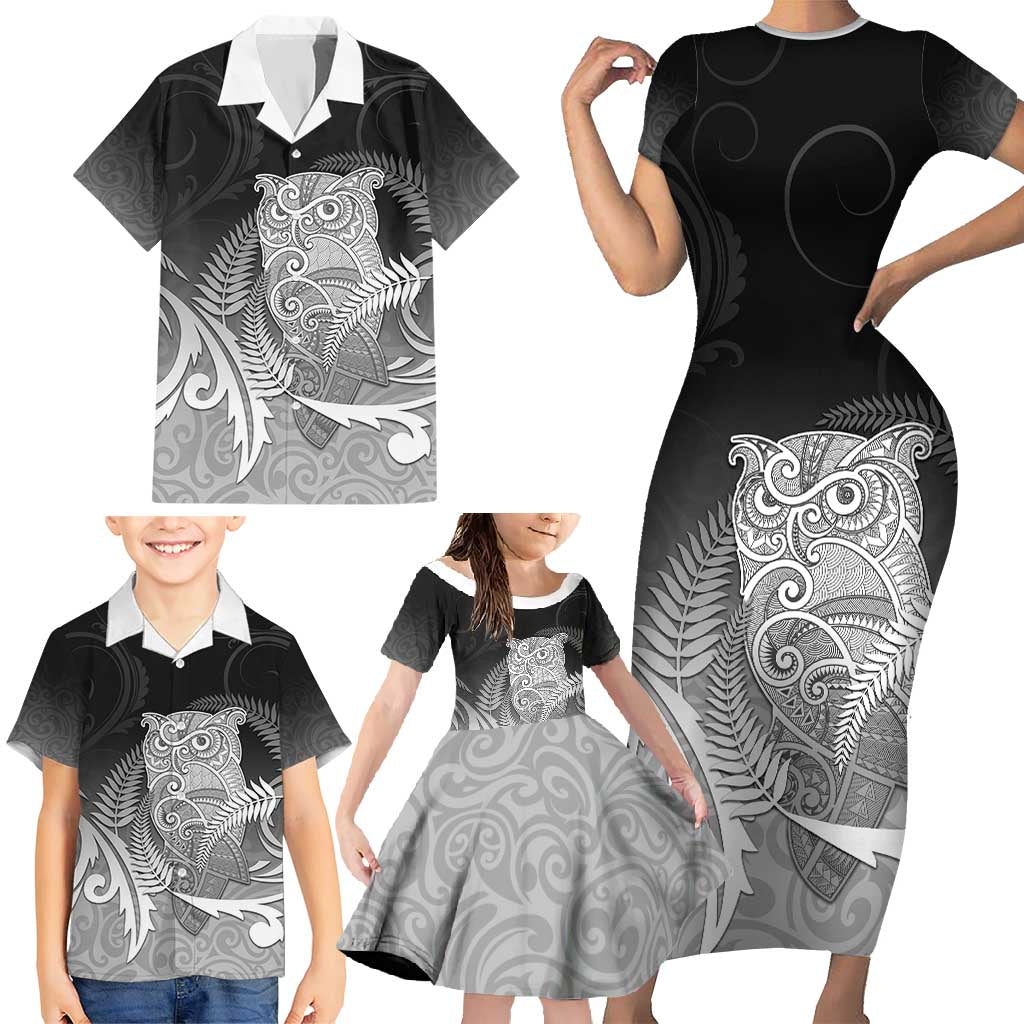 New Zealand Aotearoa Ruru Family Matching Short Sleeve Bodycon Dress and Hawaiian Shirt Maori Fern Art Black LT05 - Polynesian Pride