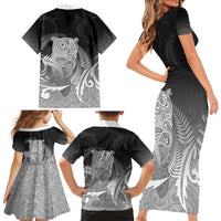 New Zealand Aotearoa Ruru Family Matching Short Sleeve Bodycon Dress and Hawaiian Shirt Maori Fern Art Black LT05 - Polynesian Pride
