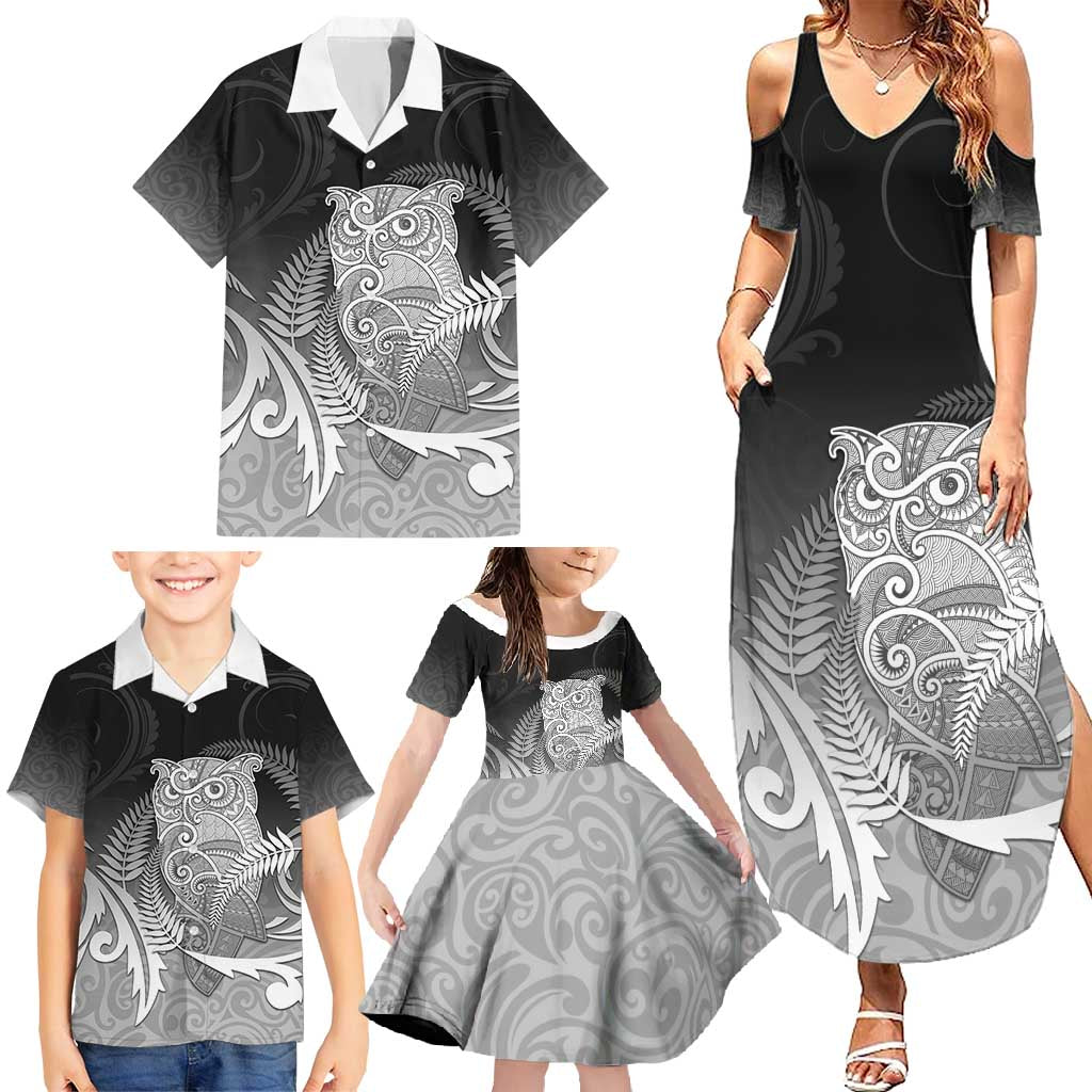 New Zealand Aotearoa Ruru Family Matching Summer Maxi Dress and Hawaiian Shirt Maori Fern Art Black LT05 - Polynesian Pride