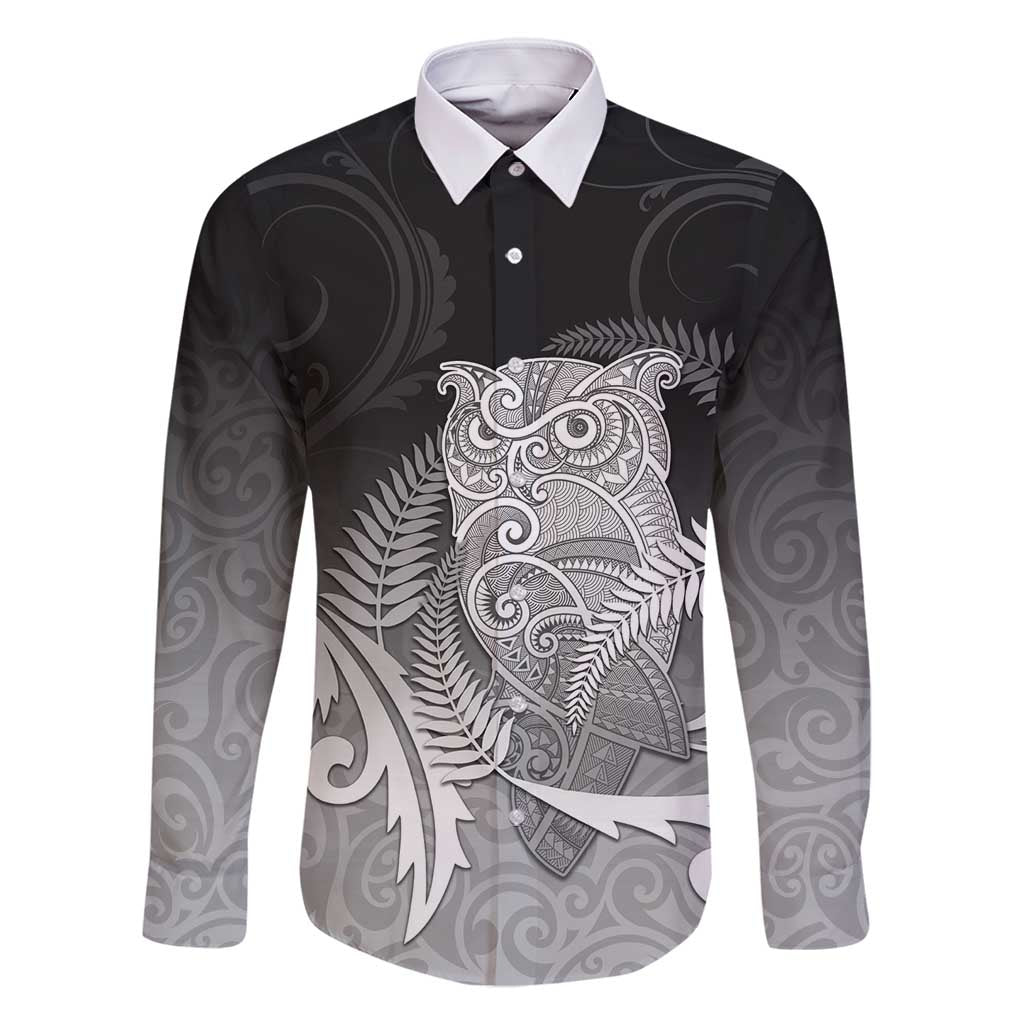 New Zealand Aotearoa Ruru Family Matching Tank Maxi Dress and Hawaiian Shirt Maori Fern Art Black LT05 Dad's Shirt - Long Sleeve Black - Polynesian Pride