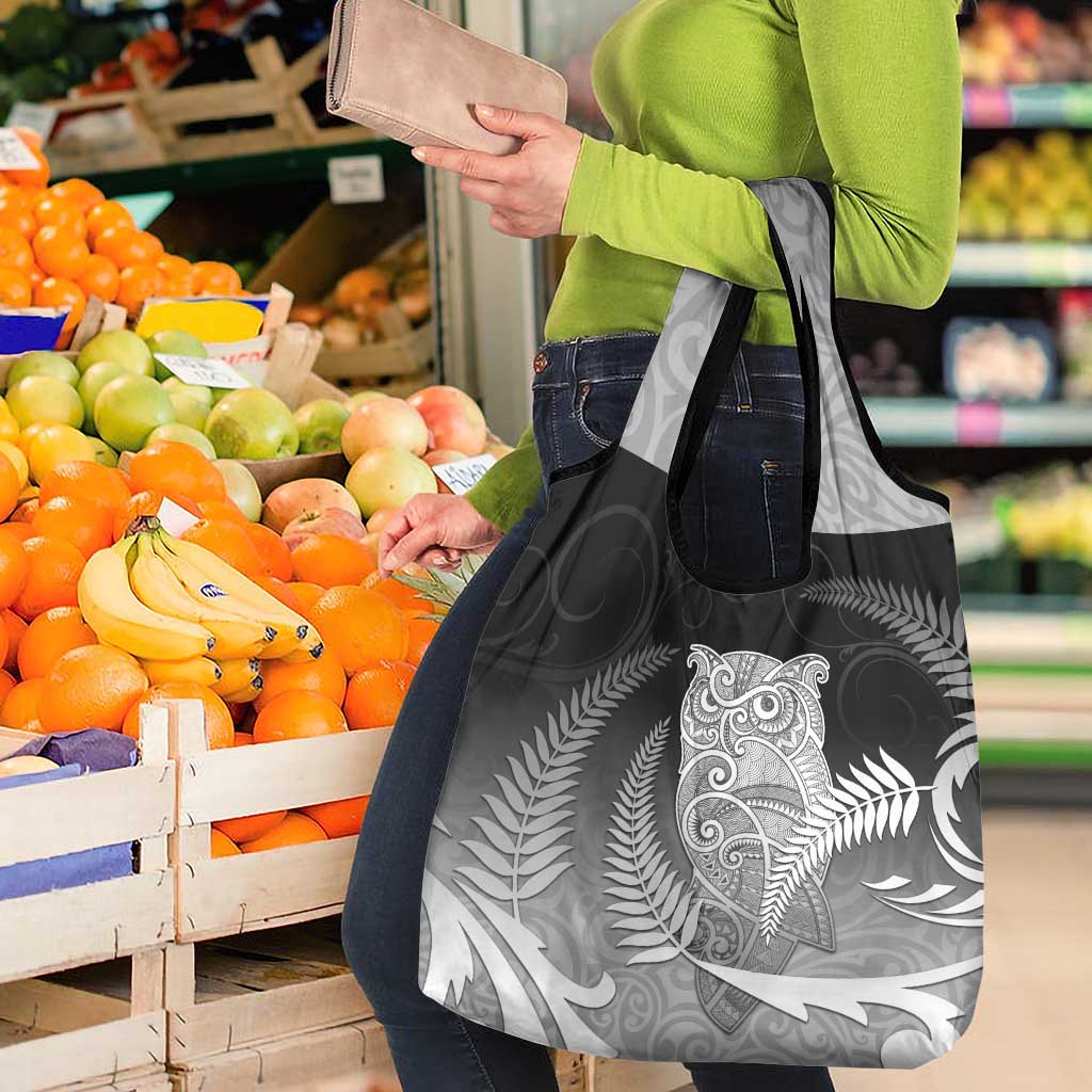 New Zealand Aotearoa Ruru Grocery Bag Maori Fern Art Black