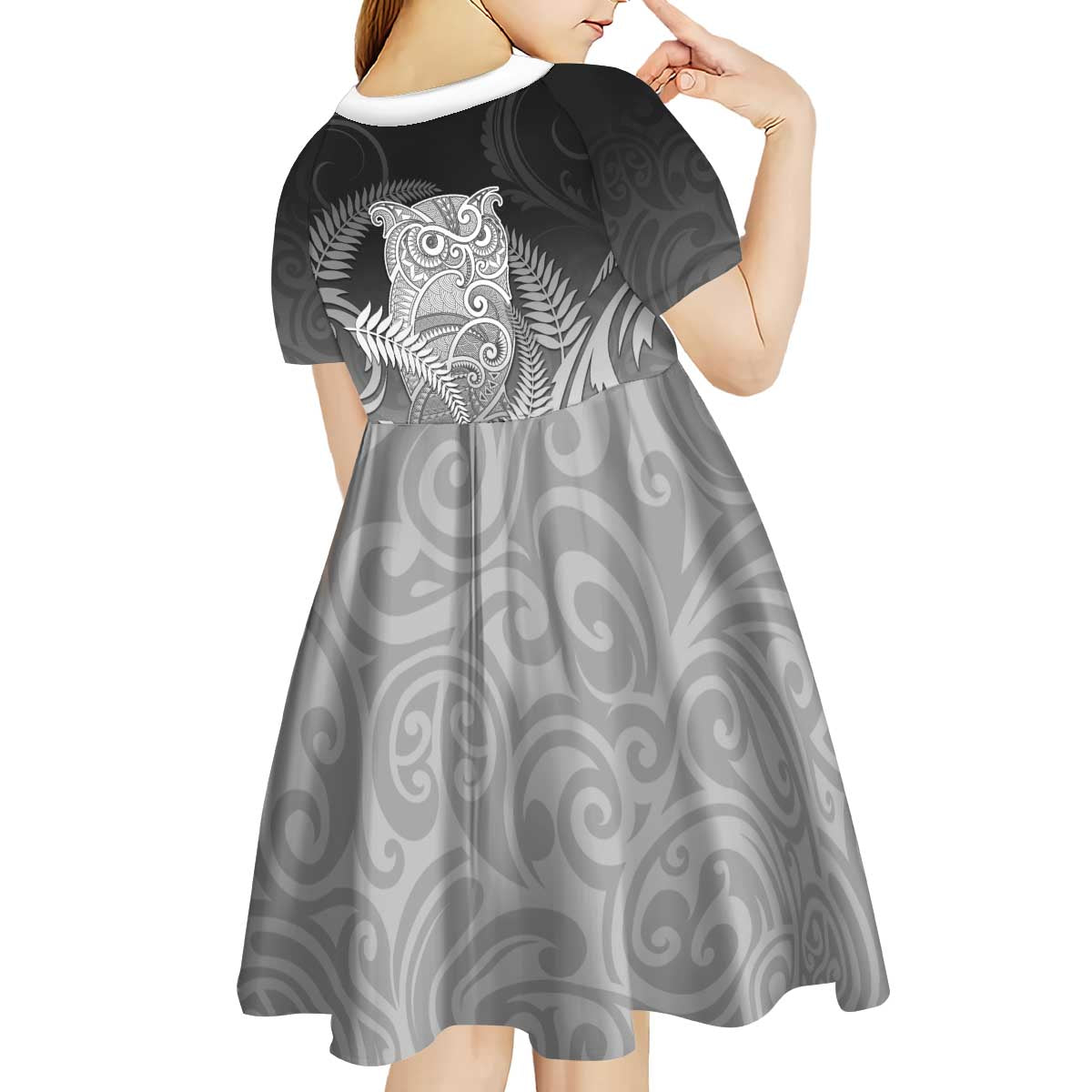 New Zealand Aotearoa Ruru Kid Short Sleeve Dress Maori Fern Art Black