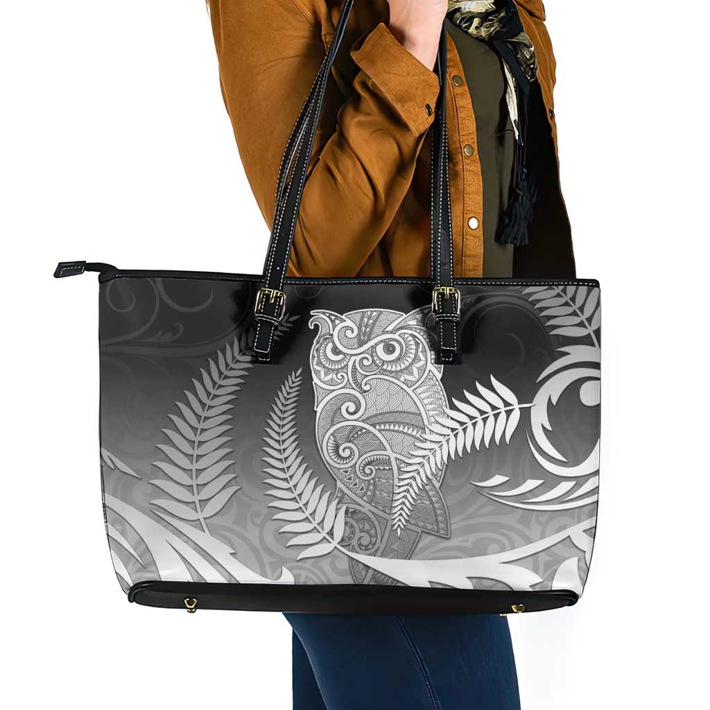 New Zealand Aotearoa Ruru Leather Tote Bag Maori Fern Art Black