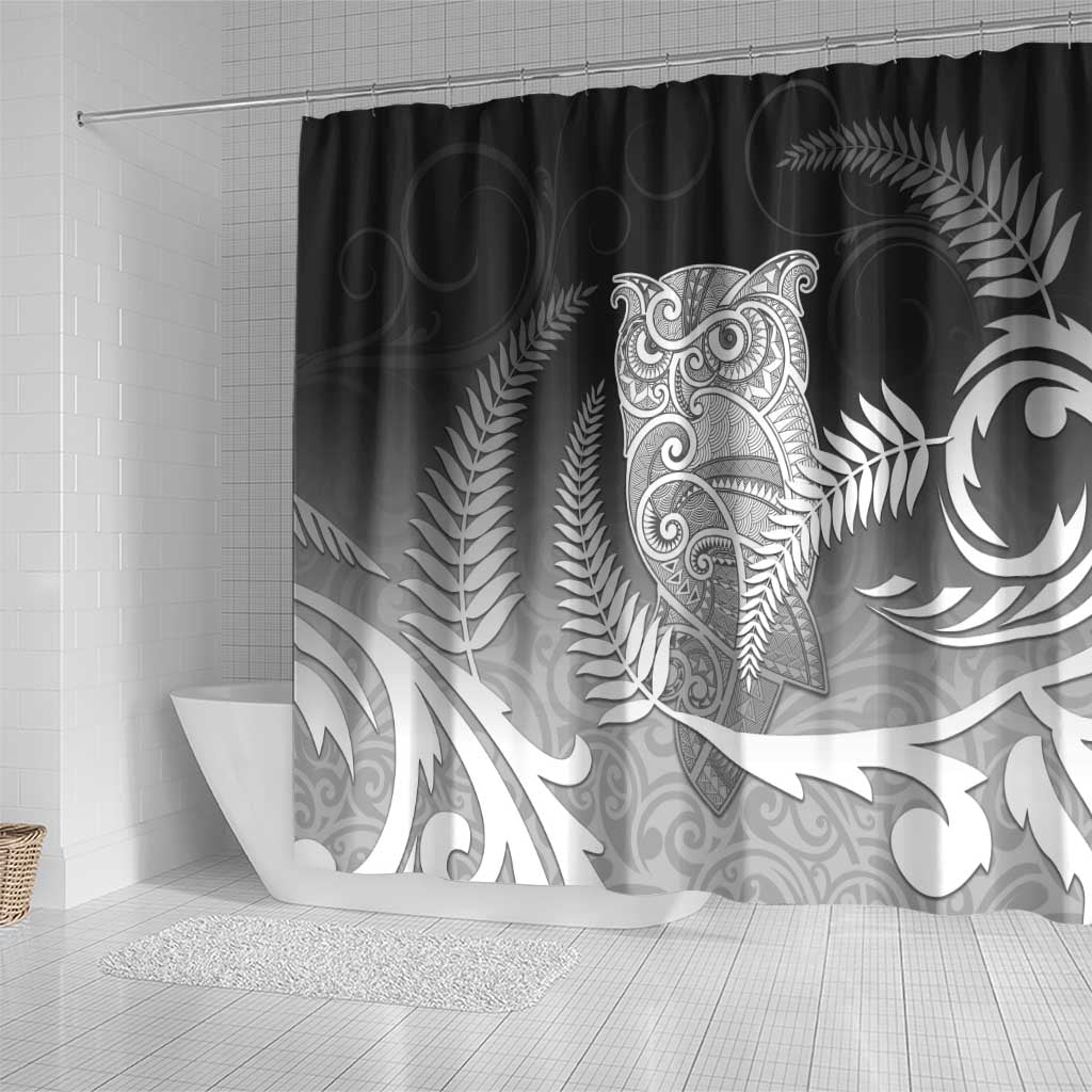 New Zealand Aotearoa Ruru Shower Curtain Maori Fern Art Black