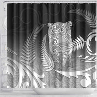 New Zealand Aotearoa Ruru Shower Curtain Maori Fern Art Black