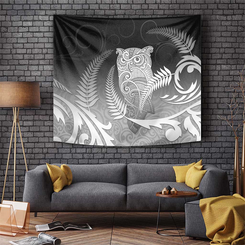 New Zealand Aotearoa Ruru Tapestry Maori Fern Art Black