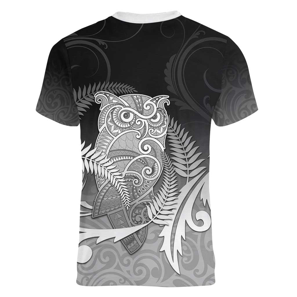 New Zealand Aotearoa Ruru Women V-Neck T-Shirt Maori Fern Art Black LT05 - Polynesian Pride