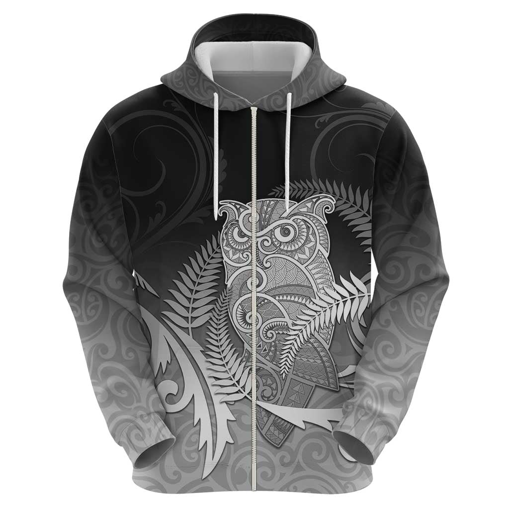 New Zealand Aotearoa Ruru Zip Hoodie Maori Fern Art Black