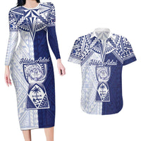 Personalised Northern Mariana Islands And Guam Couples Matching Long Sleeve Bodycon Dress and Hawaiian Shirt Latte Stone With Tribal Pattern LT05 Blue - Polynesian Pride