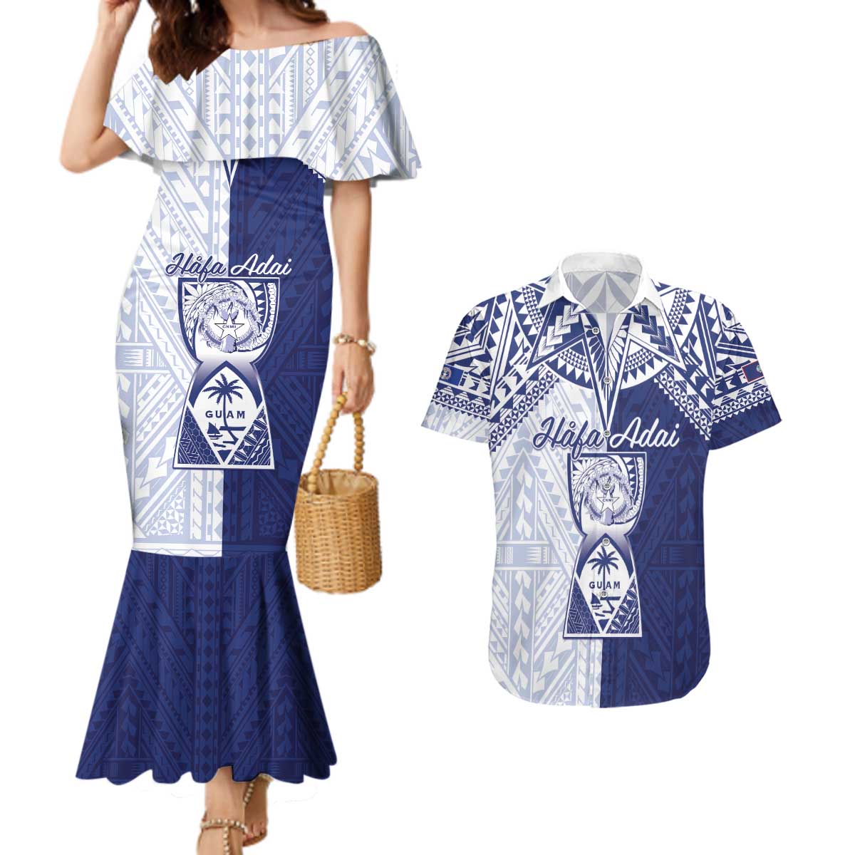 Personalised Northern Mariana Islands And Guam Couples Matching Mermaid Dress and Hawaiian Shirt Latte Stone With Tribal Pattern