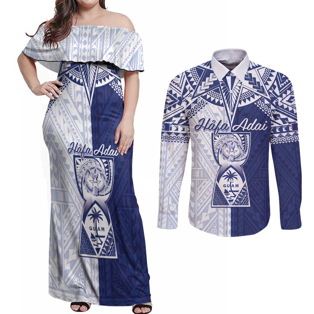 Personalised Northern Mariana Islands And Guam Couples Matching Off Shoulder Maxi Dress and Long Sleeve Button Shirt Latte Stone With Tribal Pattern