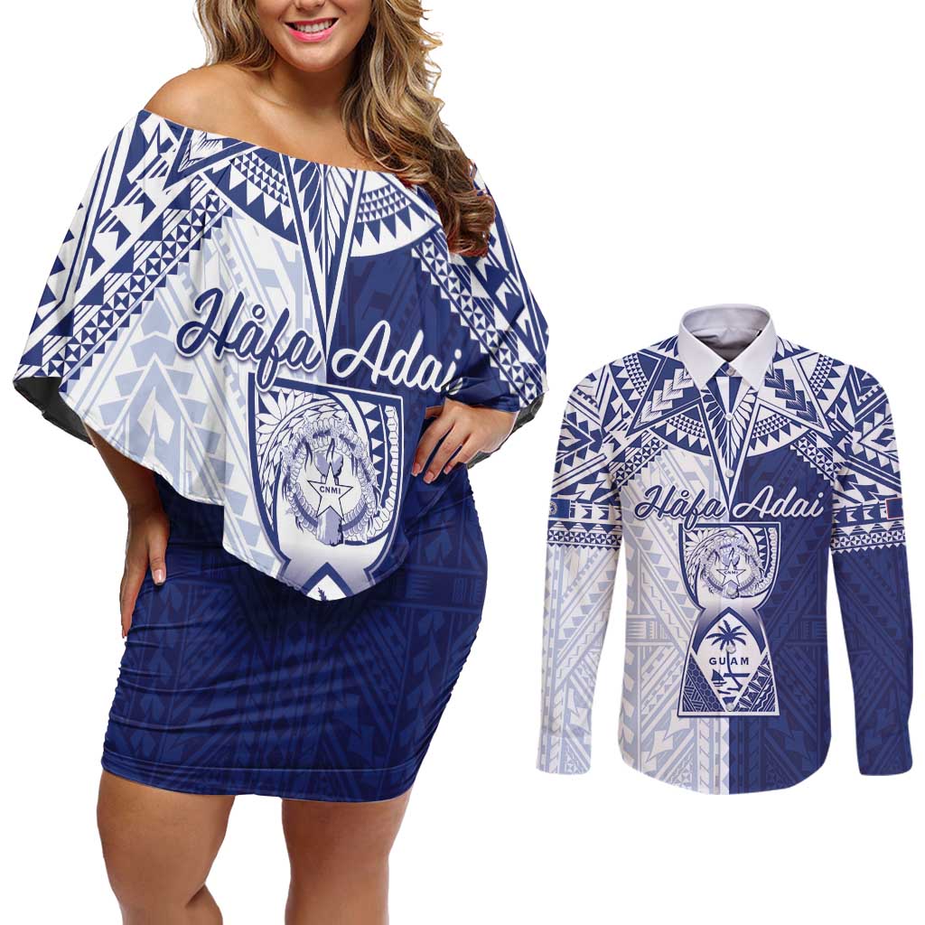 Personalised Northern Mariana Islands And Guam Couples Matching Off Shoulder Short Dress and Long Sleeve Button Shirt Latte Stone With Tribal Pattern