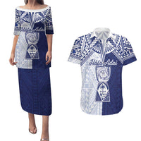 Personalised Northern Mariana Islands And Guam Couples Matching Puletasi and Hawaiian Shirt Latte Stone With Tribal Pattern LT05 Blue - Polynesian Pride