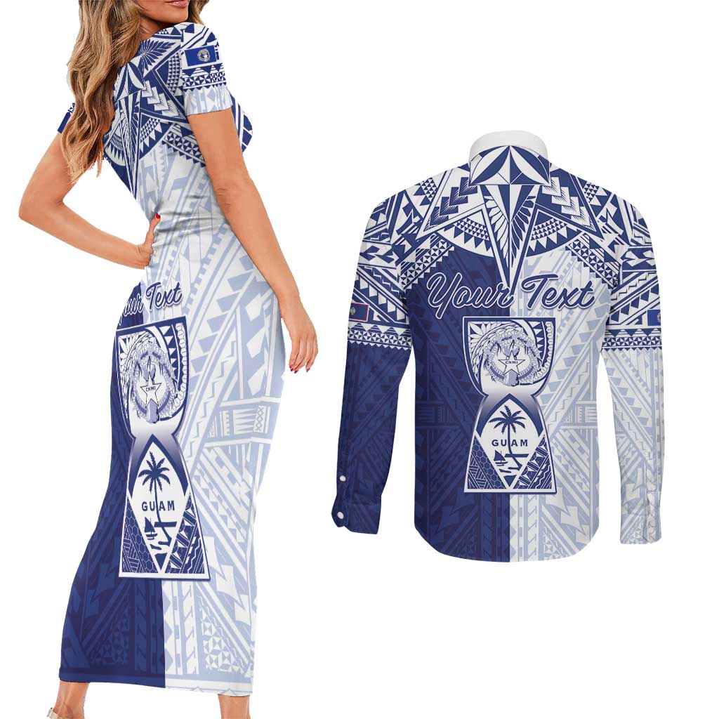 Personalised Northern Mariana Islands And Guam Couples Matching Short Sleeve Bodycon Dress and Long Sleeve Button Shirt Latte Stone With Tribal Pattern