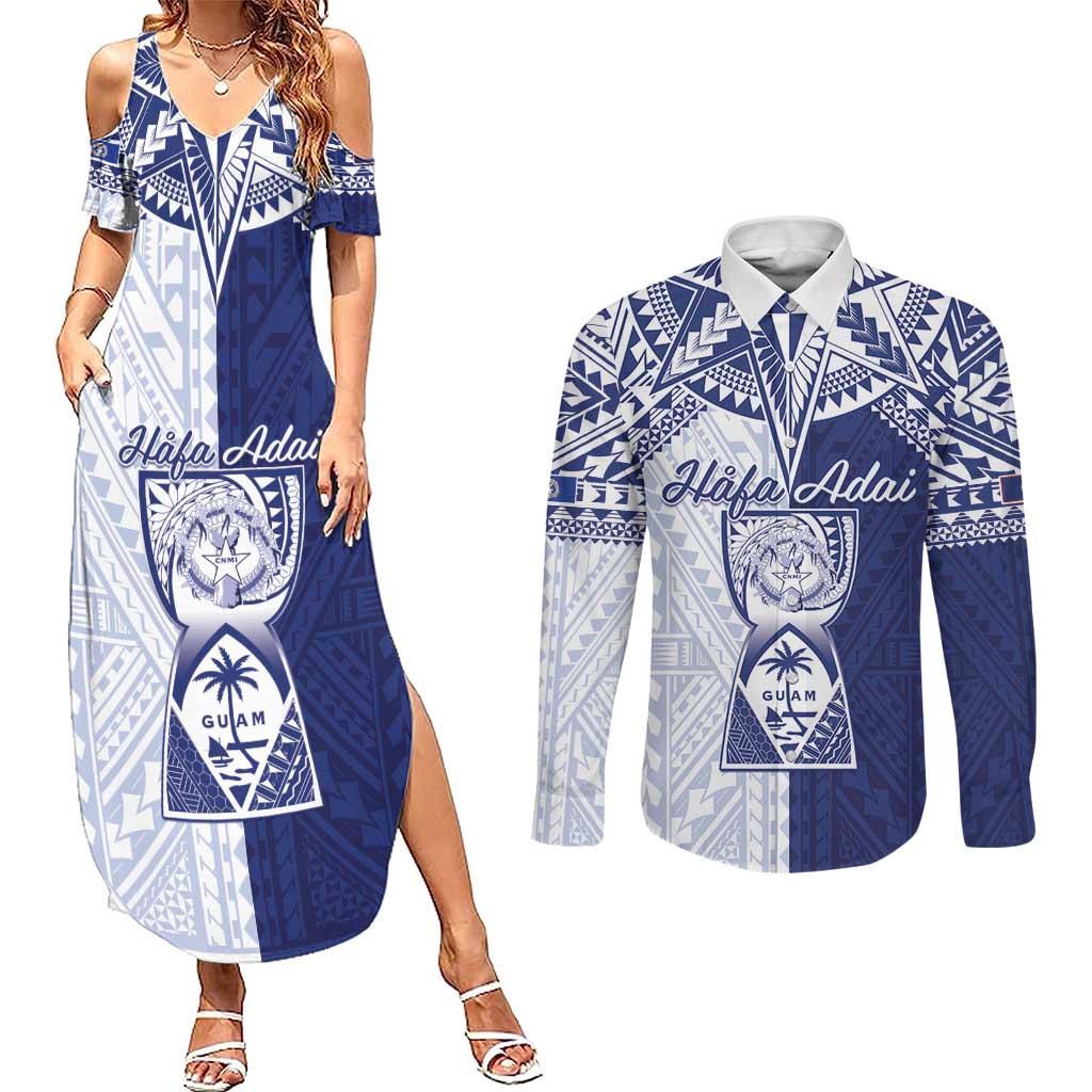 Personalised Northern Mariana Islands And Guam Couples Matching Summer Maxi Dress and Long Sleeve Button Shirt Latte Stone With Tribal Pattern