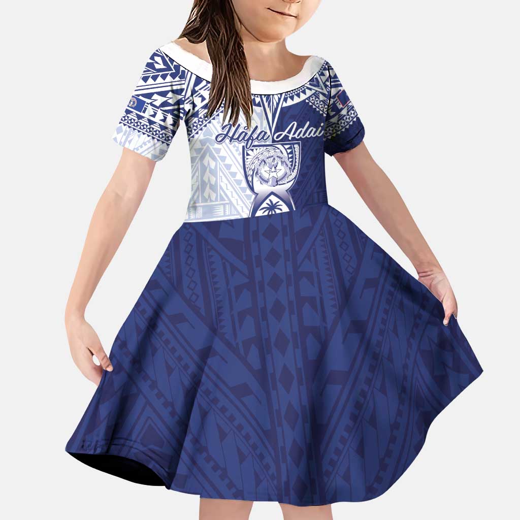 Personalised Northern Mariana Islands And Guam Family Matching Off The Shoulder Long Sleeve Dress and Hawaiian Shirt Latte Stone With Tribal Pattern LT05 Daughter's Dress Blue - Polynesian Pride