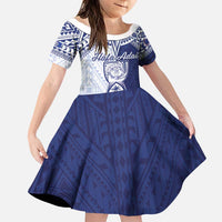 Personalised Northern Mariana Islands And Guam Family Matching Off The Shoulder Long Sleeve Dress and Hawaiian Shirt Latte Stone With Tribal Pattern LT05 Daughter's Dress Blue - Polynesian Pride