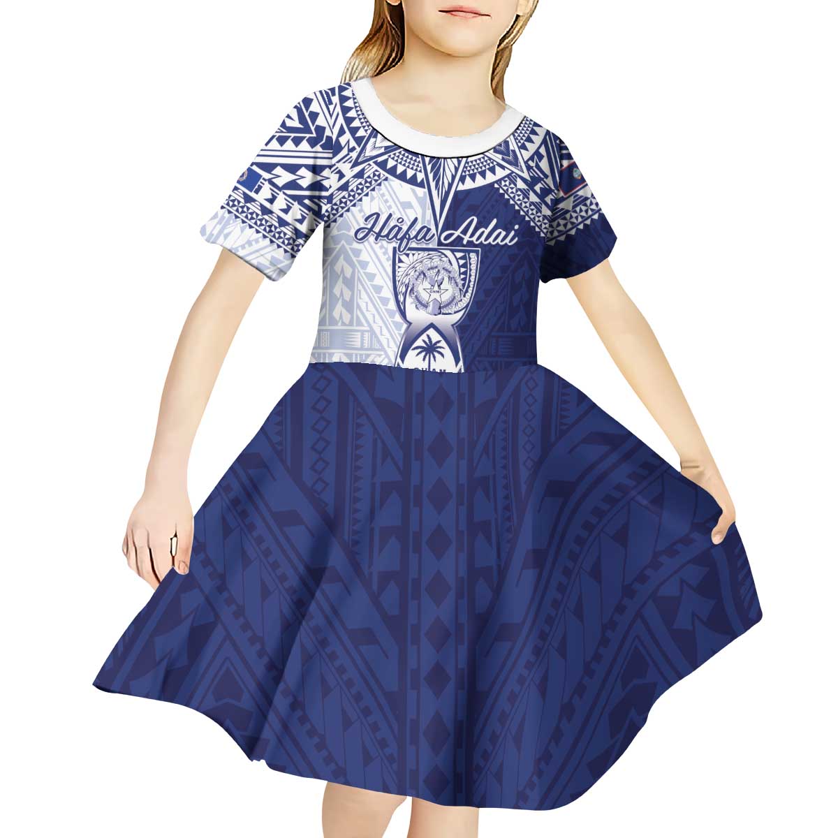 Personalised Northern Mariana Islands And Guam Kid Short Sleeve Dress Latte Stone With Tribal Pattern
