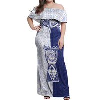 Personalised Northern Mariana Islands And Guam Off Shoulder Maxi Dress Latte Stone With Tribal Pattern LT05 Women Blue - Polynesian Pride