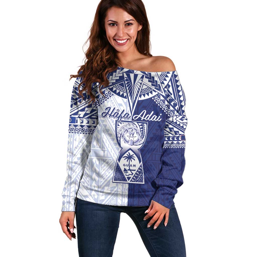 Personalised Northern Mariana Islands And Guam Off Shoulder Sweater Latte Stone With Tribal Pattern