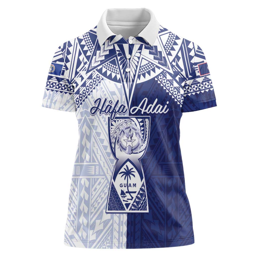 Personalised Northern Mariana Islands And Guam Women Polo Shirt Latte Stone With Tribal Pattern LT05 Female Blue - Polynesian Pride