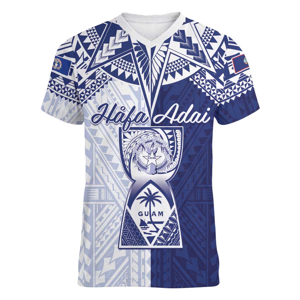 Personalised Northern Mariana Islands And Guam Women V-Neck T-Shirt Latte Stone With Tribal Pattern LT05 Female Blue - Polynesian Pride