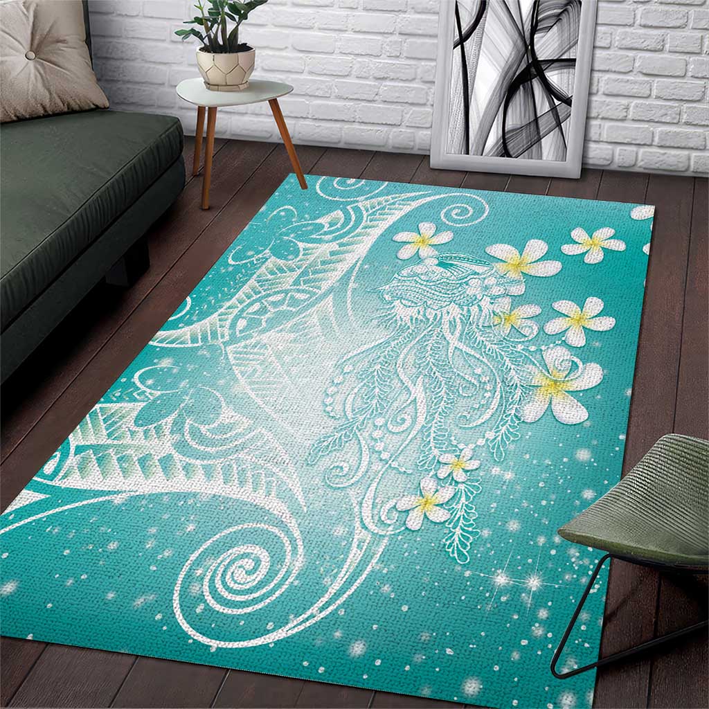 Polynesian Jellyfish Area Rug With Plumeria Teal