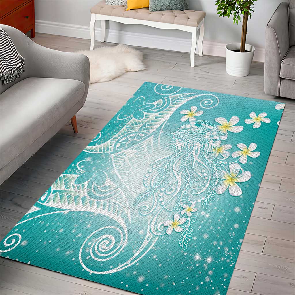 Polynesian Jellyfish Area Rug With Plumeria Teal