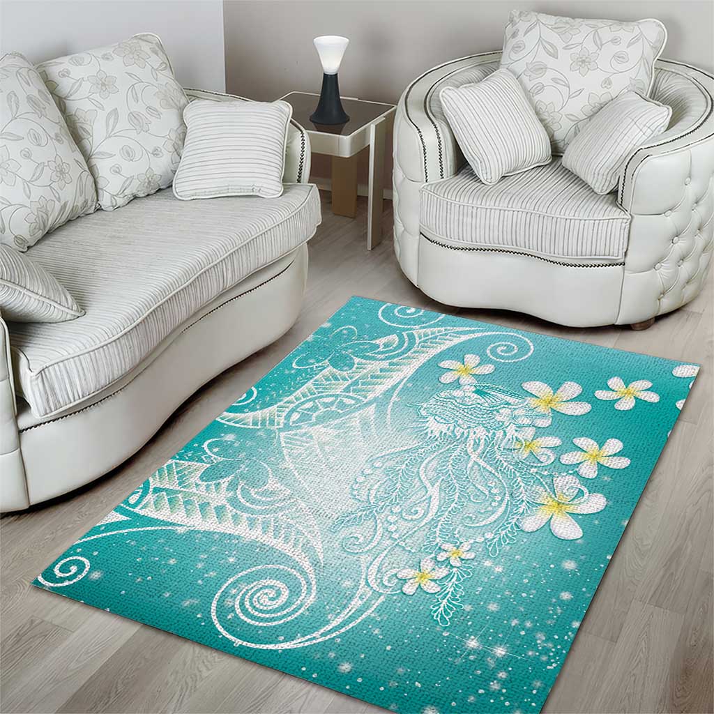 Polynesian Jellyfish Area Rug With Plumeria Teal