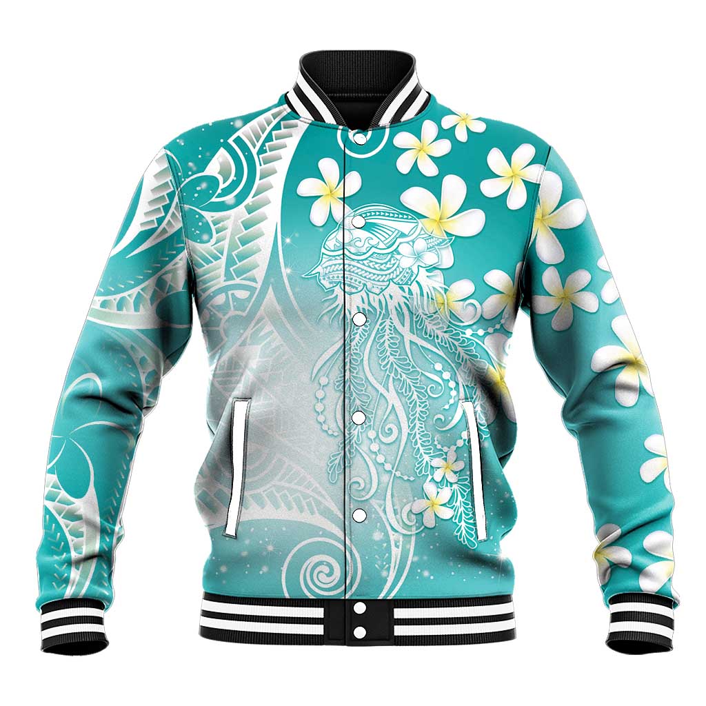 Polynesian Jellyfish Baseball Jacket With Plumeria Teal