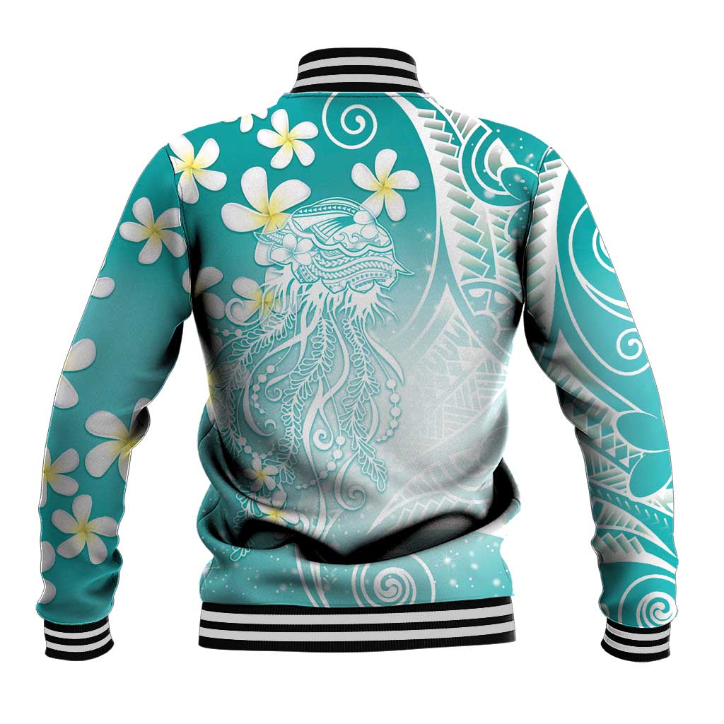 Polynesian Jellyfish Baseball Jacket With Plumeria Teal