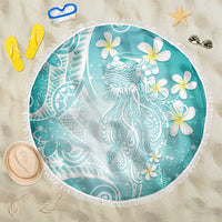 Polynesian Jellyfish Beach Blanket With Plumeria Teal