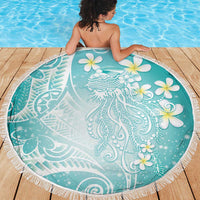 Polynesian Jellyfish Beach Blanket With Plumeria Teal