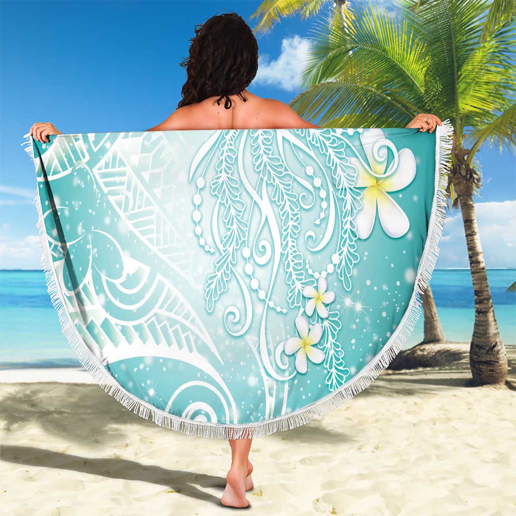 Polynesian Jellyfish Beach Blanket With Plumeria Teal