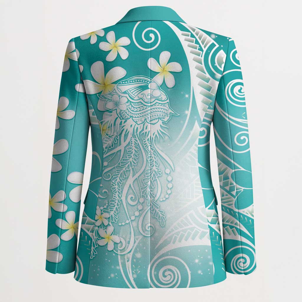 Polynesian Jellyfish Blazer With Plumeria Teal