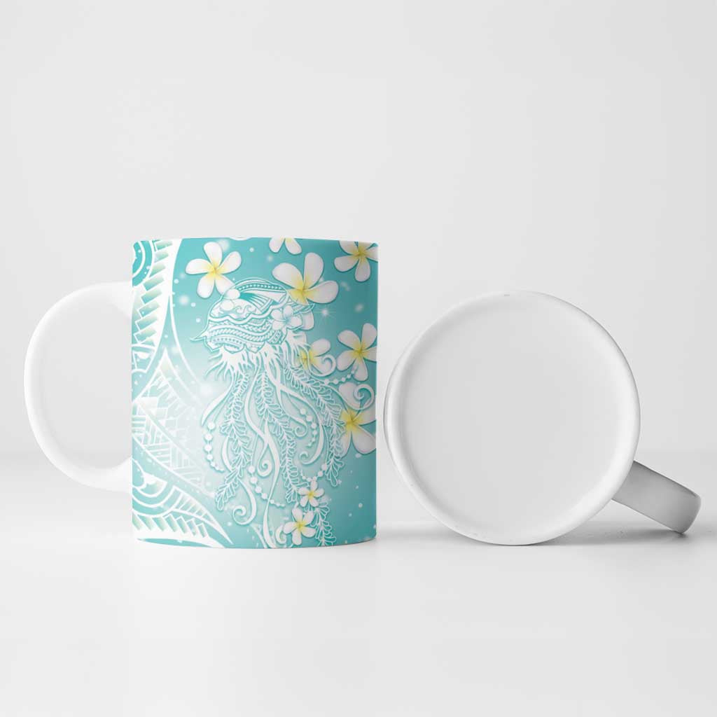 Polynesian Jellyfish Ceramic Mug With Plumeria Teal