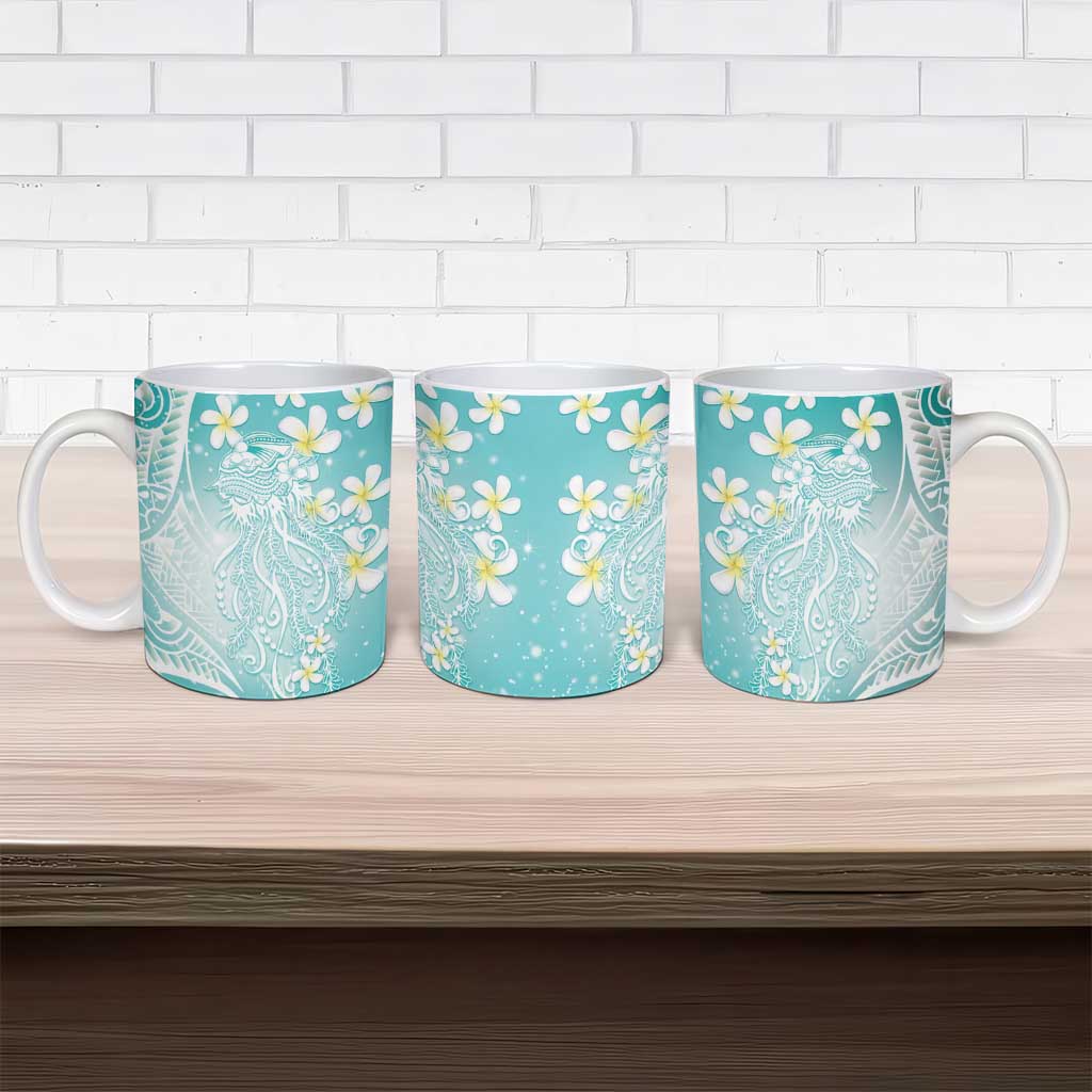 Polynesian Jellyfish Ceramic Mug With Plumeria Teal