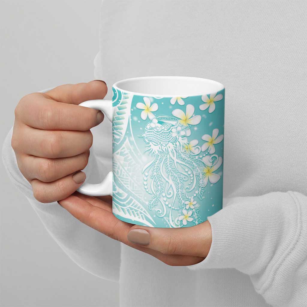 Polynesian Jellyfish Ceramic Mug With Plumeria Teal