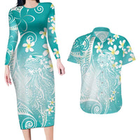 Polynesian Jellyfish Couples Matching Long Sleeve Bodycon Dress and Hawaiian Shirt With Plumeria Teal LT05 Teal - Polynesian Pride