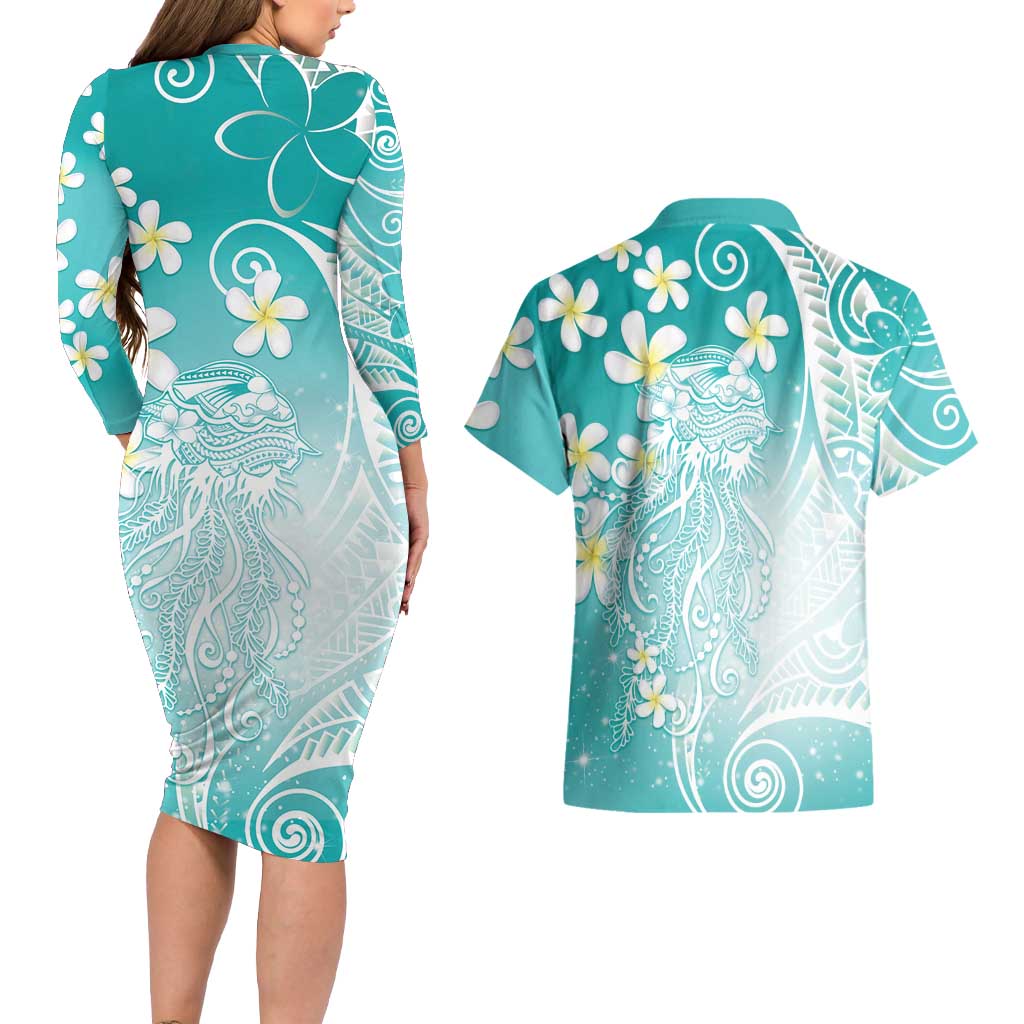Polynesian Jellyfish Couples Matching Long Sleeve Bodycon Dress and Hawaiian Shirt With Plumeria Teal LT05 - Polynesian Pride